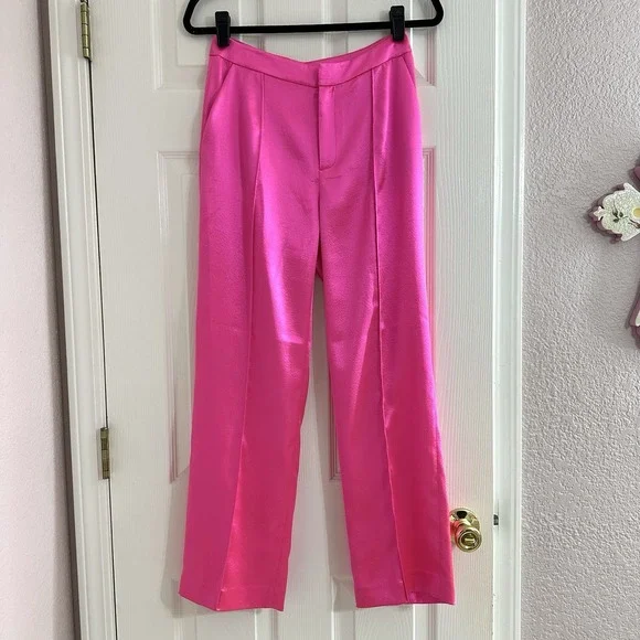 NEW Cinq à Sept $365 Ultra Pink Satin Karis Pants Straight Leg Mid Rise Sz 2 XS - Picture 4 of 7
